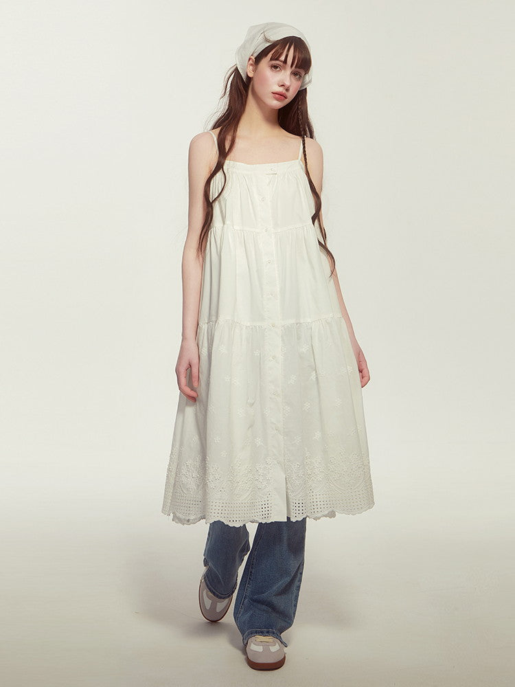 Camisole Lace Stripe Flare Button Layered Casual Dress