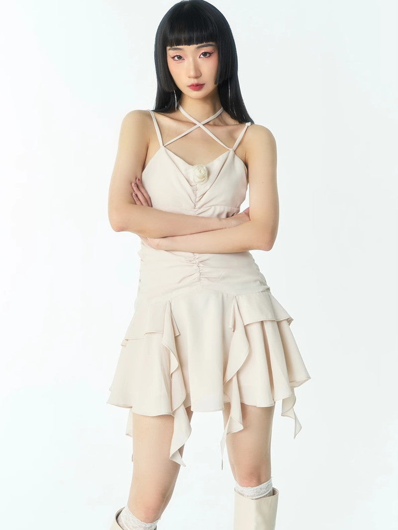 Gather Firll Ruffle Short Halter-Neck One-Piece