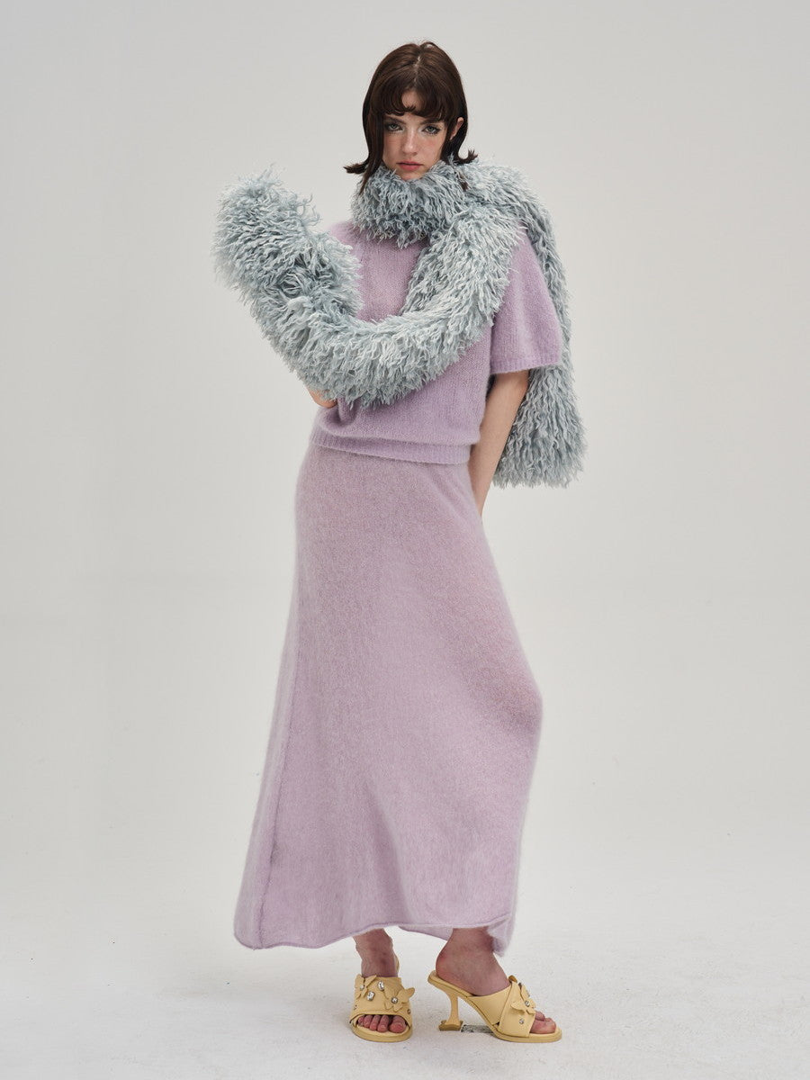 Crew-Neck Ribbon Sweet Feminine Pale Tops&Long-Skirt