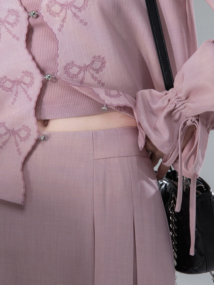 Cardigan&Long-Skirt Ribbon V-Neck Retro Set-Up