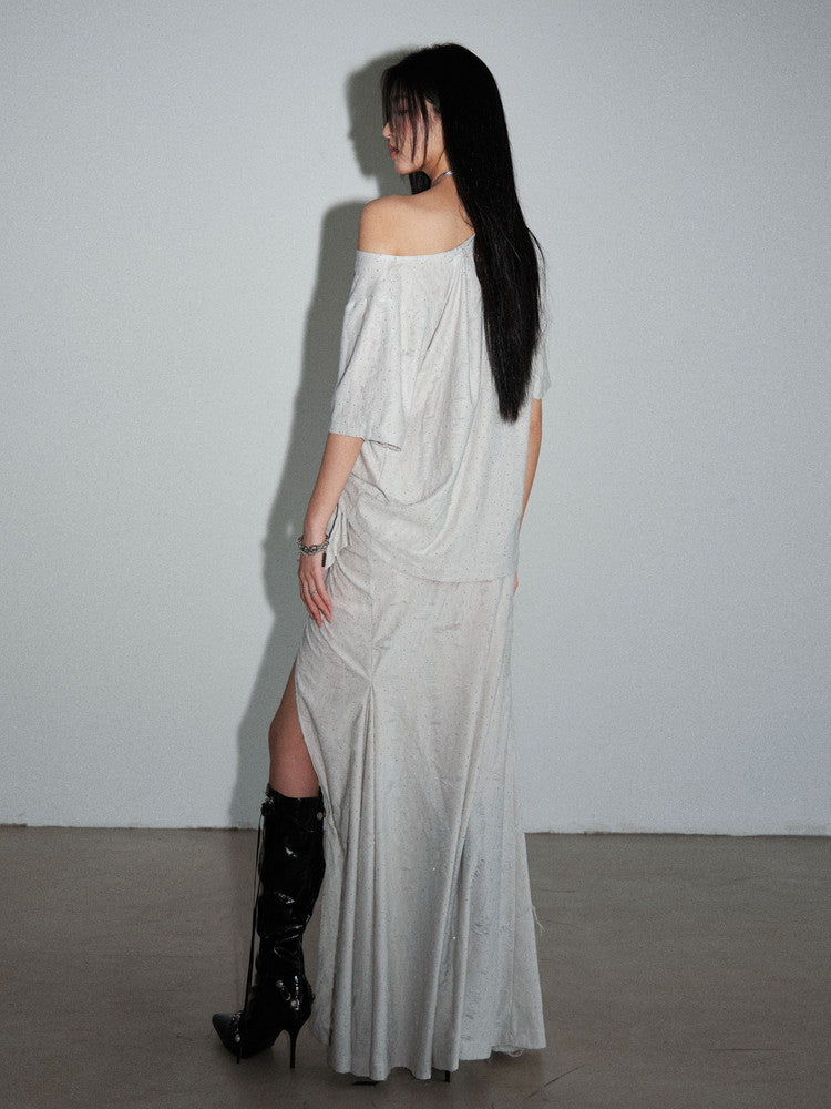 T-Shirt&Long-Skirt Asymmetry Loose One-Shoulder Casual Nichi Set-Up