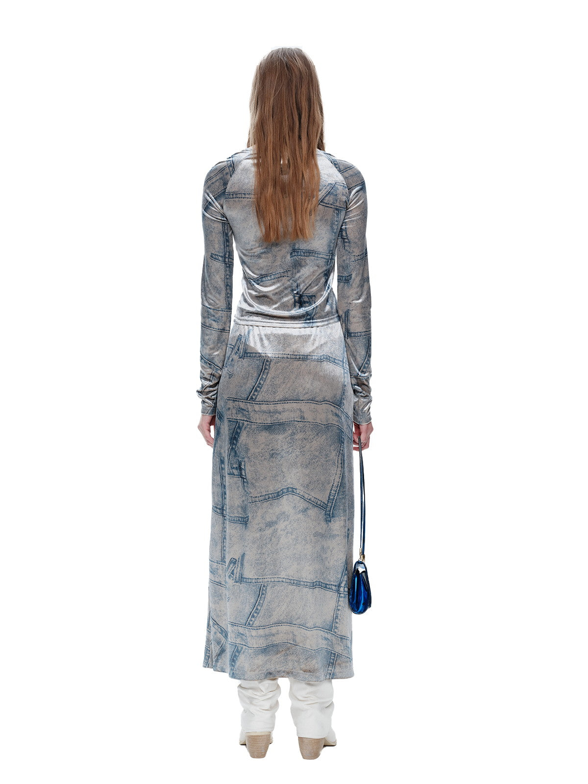 Fake-Denim Velvet Smooth Nichi Set-Up Tops&Long-Skirt