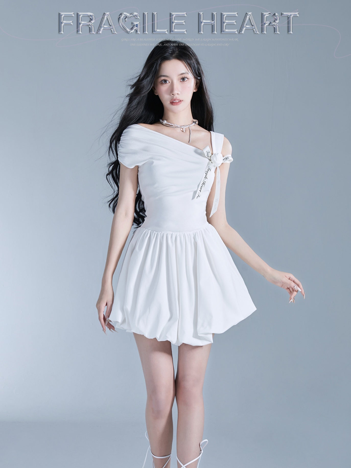One-Shoulder Ribbon Rose Fluffily Mini One-Piece