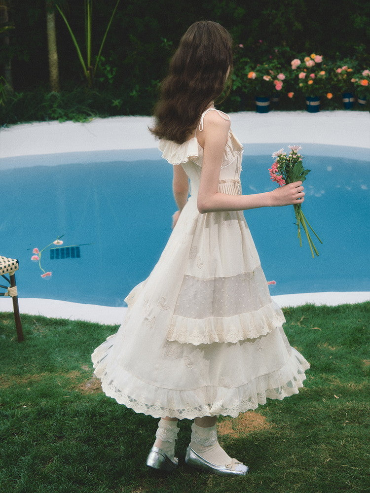 Lace Frill Camisole Ribbon Cute Long Dress