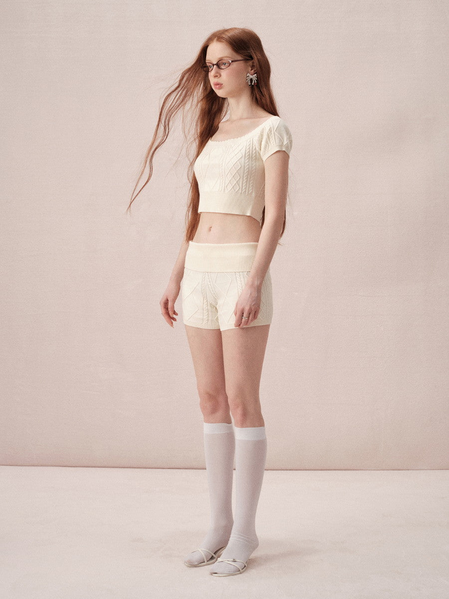 Cable-Knit Off-Shoulder Casual Relax Set-Up Tops&Short-Pants
