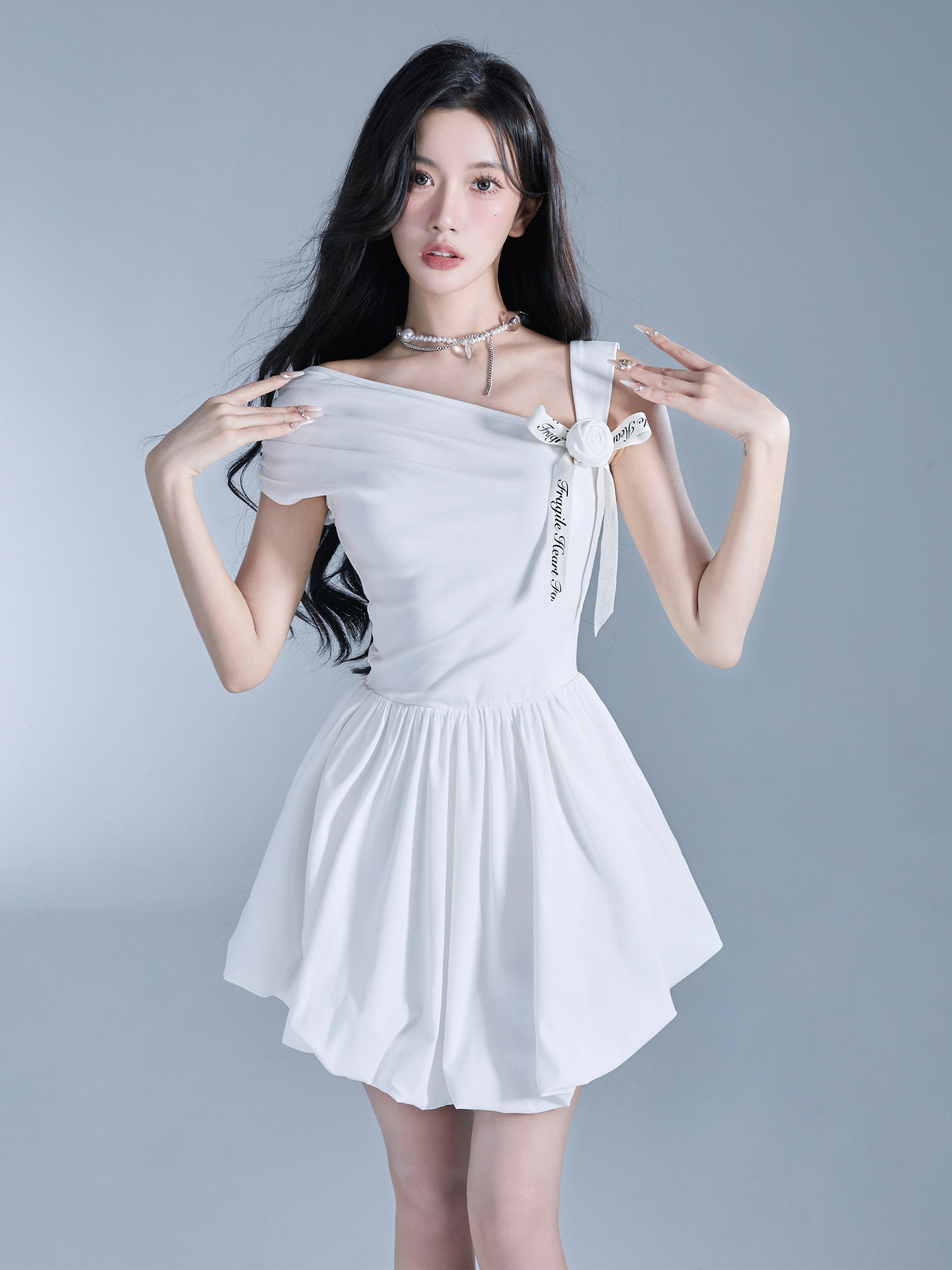 One-Shoulder Ribbon Rose Fluffily Mini One-Piece