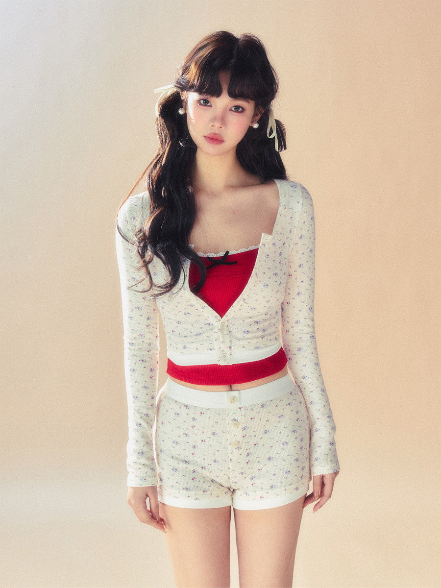 Ribbon Flower Set-Up Stretch Tops&Camisole&Short-Pants