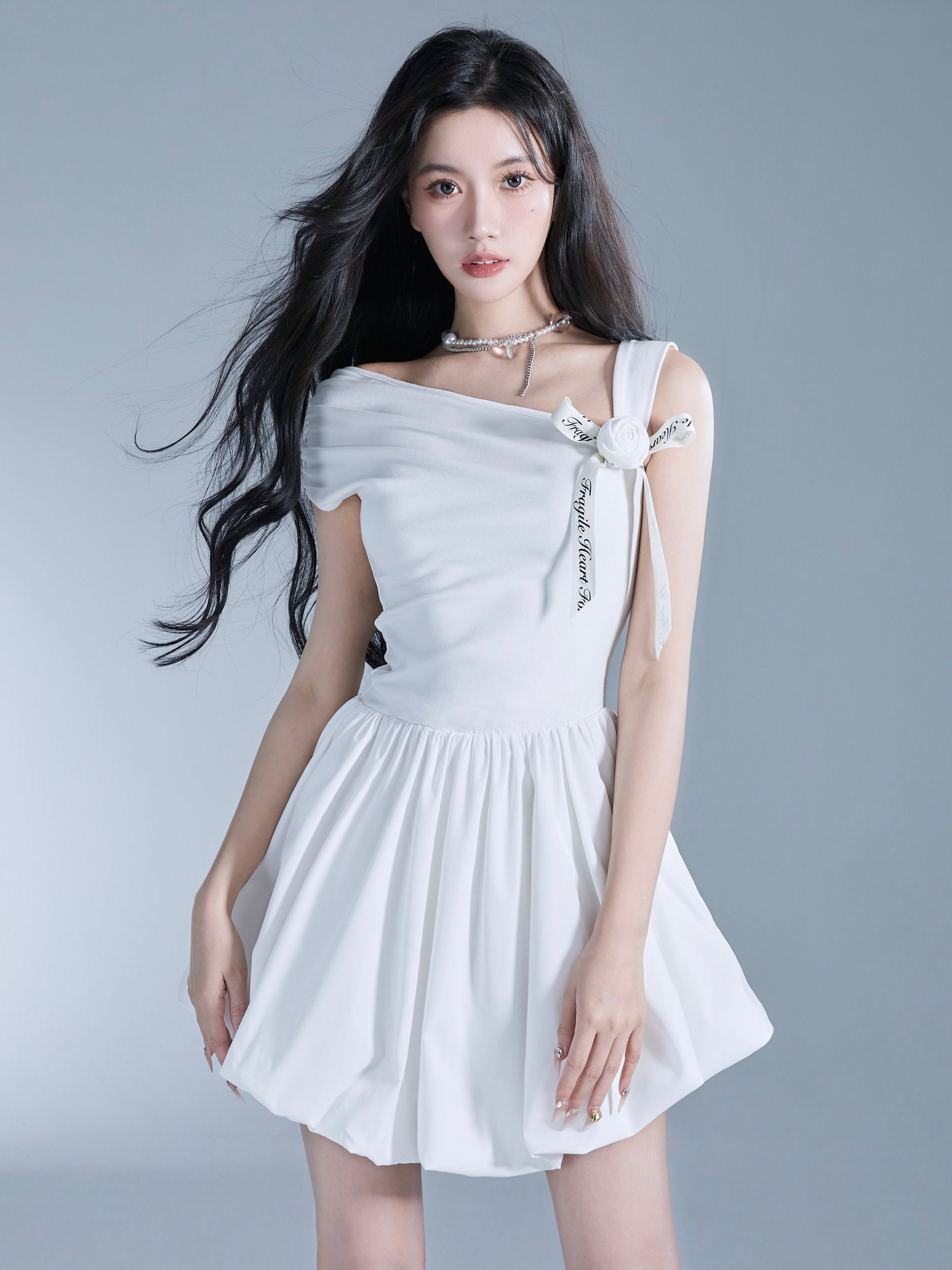 One-Shoulder Ribbon Rose Fluffily Mini One-Piece