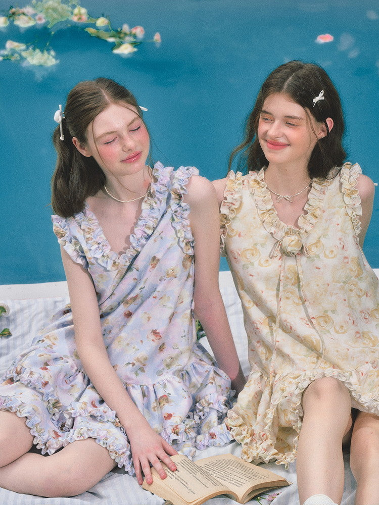 Flower Rose Frill No-Sleeve Sweet Dress