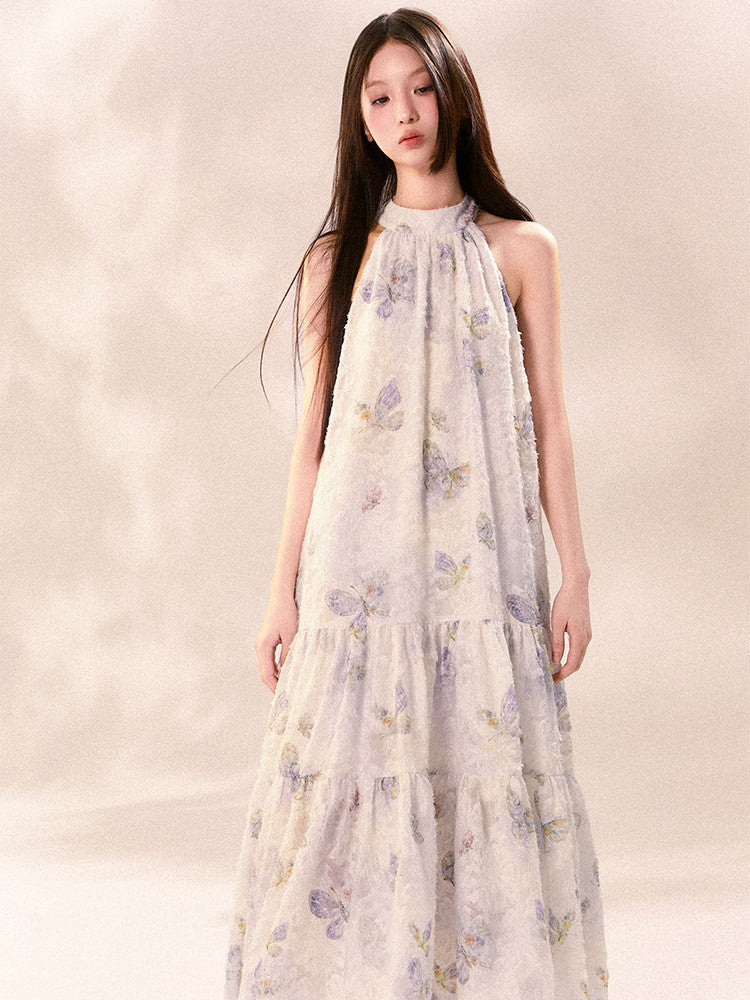 American-Sleeve Pale-Tone Flower Tiered No-Sleeve Long Dress