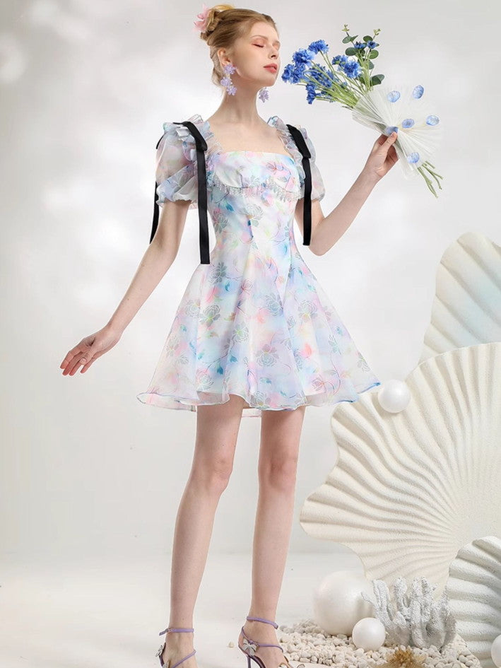 Fairy Gradation Flower Fluffliy Rose Nichi Feminine Ciffon One-Piece