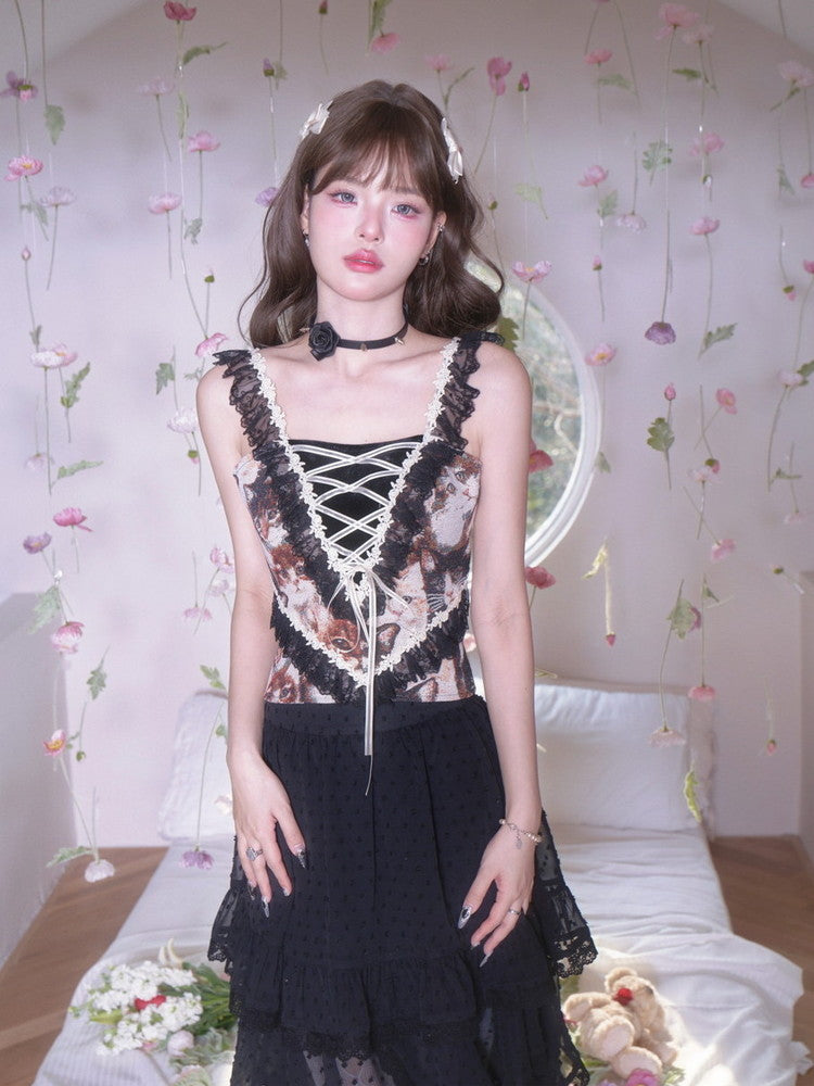 Lace Lace-Up Elegant Flower Gothic Frill No-Sleeve Tops