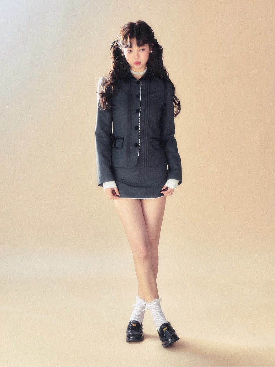 Lace Set-Up Velvet Chic Suit Jacket&Mini-Skirt