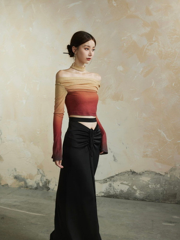 Gradation Off-Shoulder Nichi Velvet Flare-Sleeve Tops