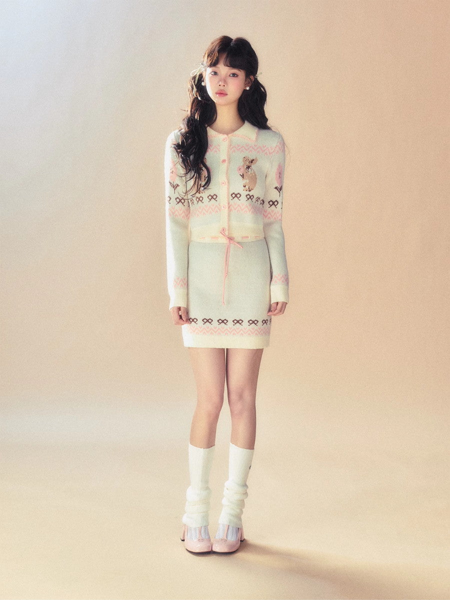 Knit Bear Retro Cute Drawstring Set-Up Tops&Mini-Skirt