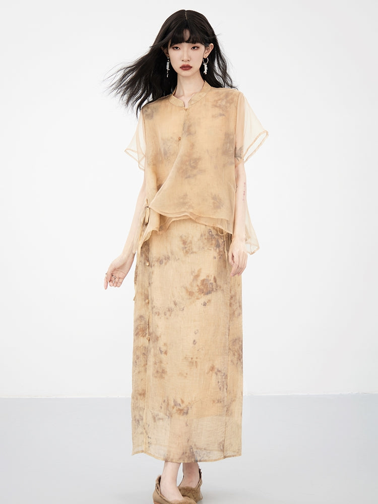 Sheer Flower Retro Natural Blouse & Long-Skirt
