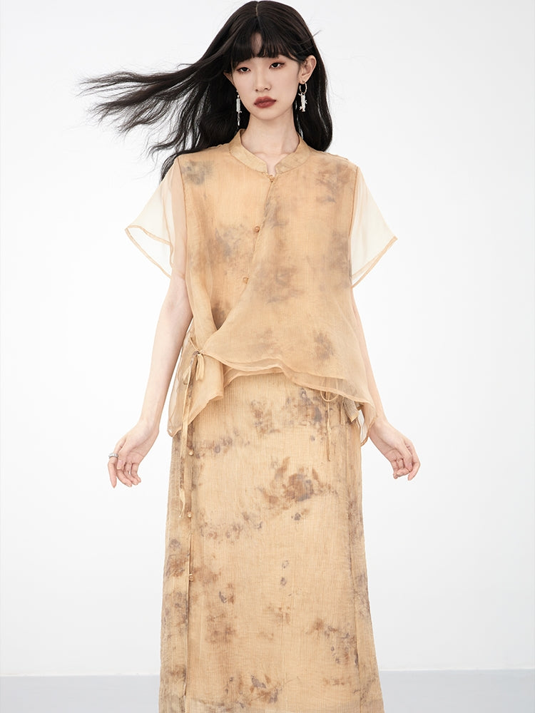 Sheer Flower Retro Natural Blouse & Long-Skirt