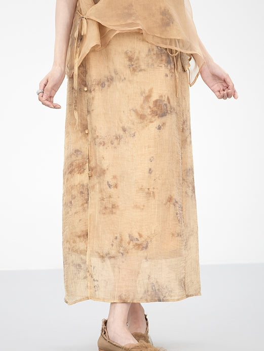 Sheer Flower Retro Natural Blouse & Long-Skirt