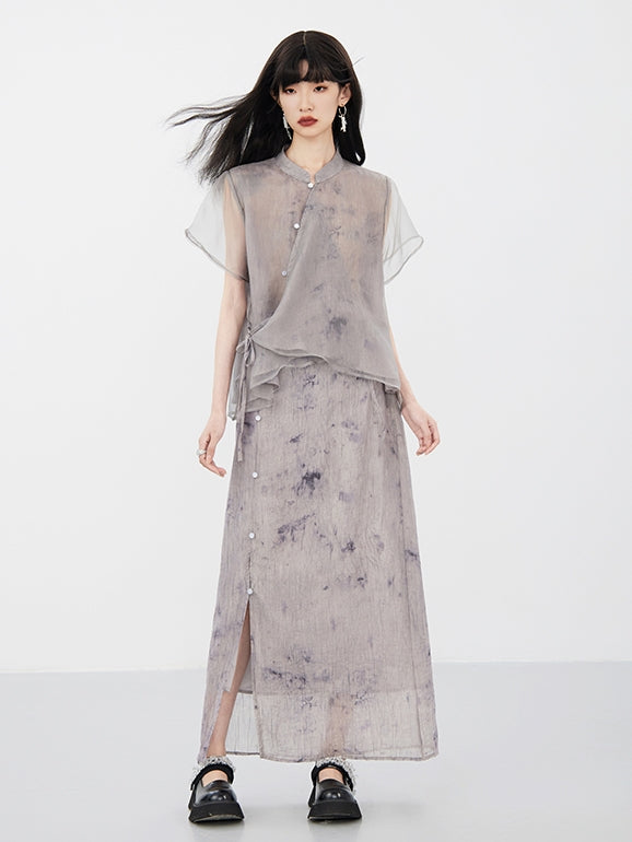 Sheer Flower Retro Natural Blouse & Long-Skirt