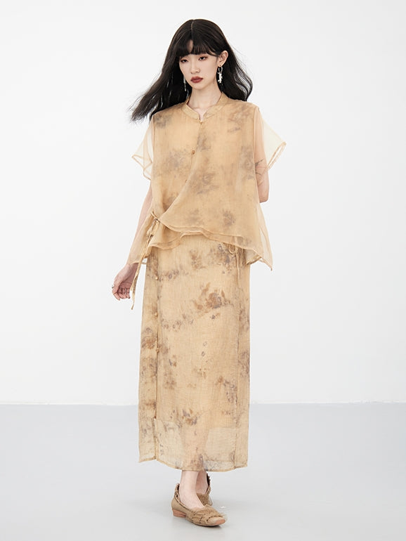 Sheer Flower Retro Natural Blouse & Long-Skirt