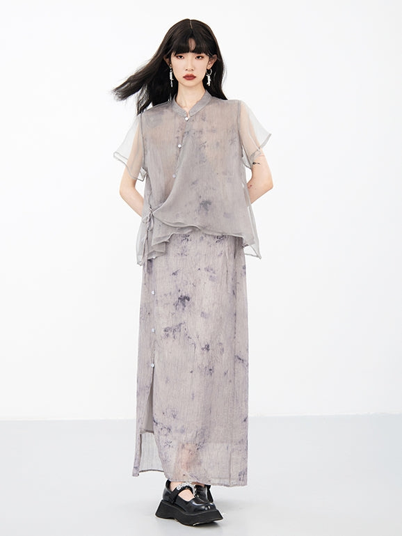 Sheer Flower Retro Natural Blouse & Long-Skirt