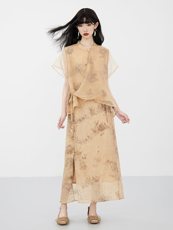 Sheer Flower Retro Natural Blouse & Long-Skirt