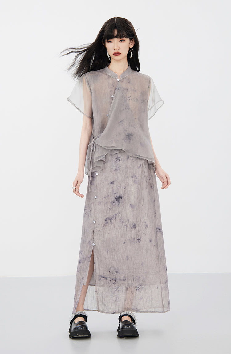 Sheer Flower Retro Natural Blouse & Long-Skirt