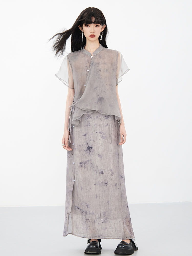 Sheer Flower Retro Natural Blouse & Long-Skirt