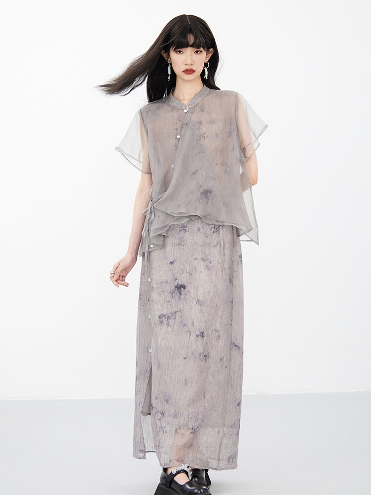 Sheer Flower Retro Natural Blouse & Long-Skirt