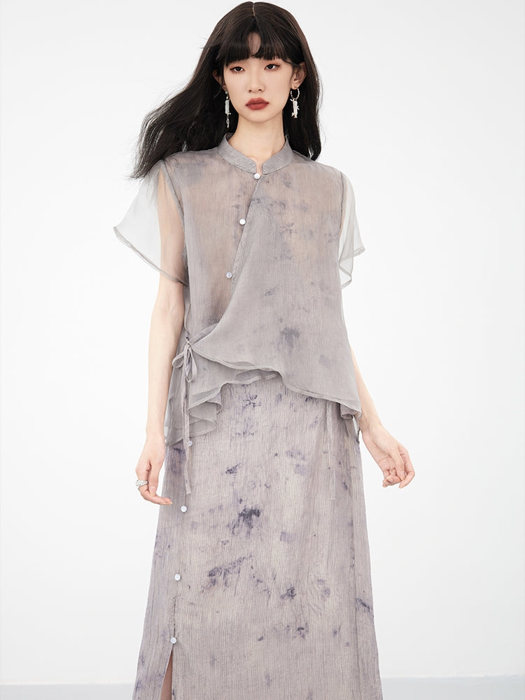 Sheer Flower Retro Natural Blouse & Long-Skirt