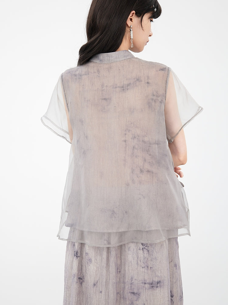 Sheer Flower Retro Natural Blouse & Long-Skirt