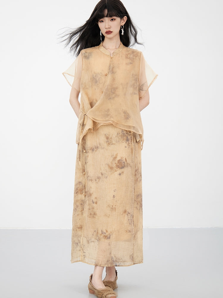 Sheer Flower Retro Natural Blouse & Long-Skirt