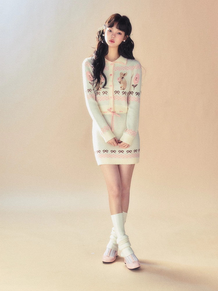 Set-Up Knit Retro Rabbit Ribbon Cardigan&Mini-Skirt