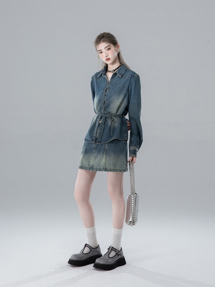 Shirt&Mini-Skirt Denim Gradation Casual Set-Up