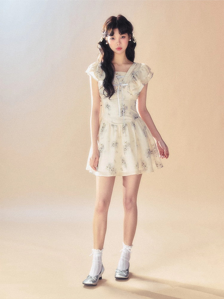 Flower Lace-Up Flower Frill Ceminine Short Dress