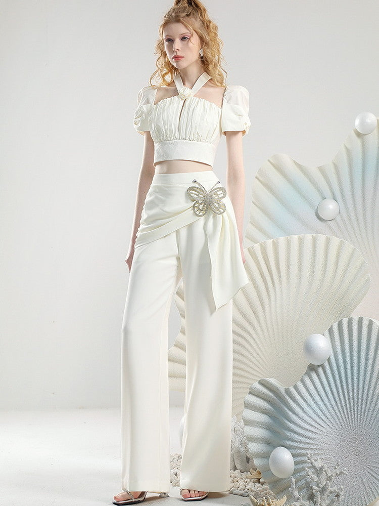Halter-Neck Chic Suit Set-Up Ribbon Short- Tops&Wide-Pants