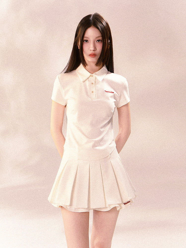 Set-Up Sports Casual Simple Pleats Polo-Shirt&Mini-Skirt