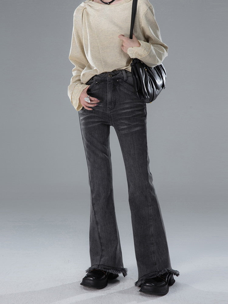 Denim Fower Wrap Cut-Off Slim Flare-Pants&Lace-Skirt