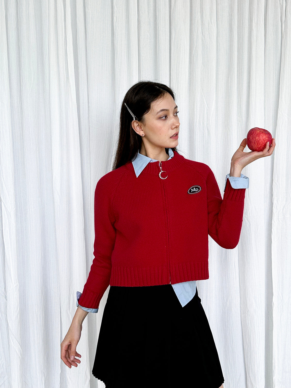 ZIP-Strick-Freizeit-Crew-Hals einfaches Abzeichen rote Strickjacke