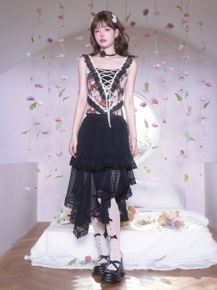 Lace Lace-Up Elegant Flower Gothic Frill No-Sleeve Tops