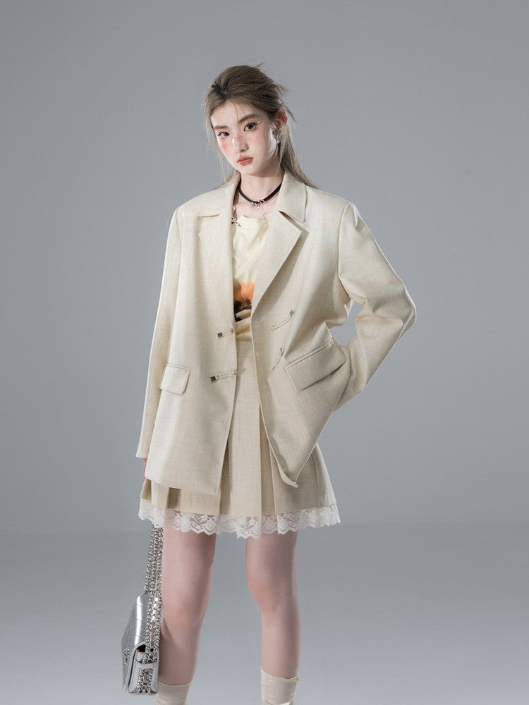 Jacket&Mini-Skirt Lace Box-Pleats Ovreszie Suit Set-Up