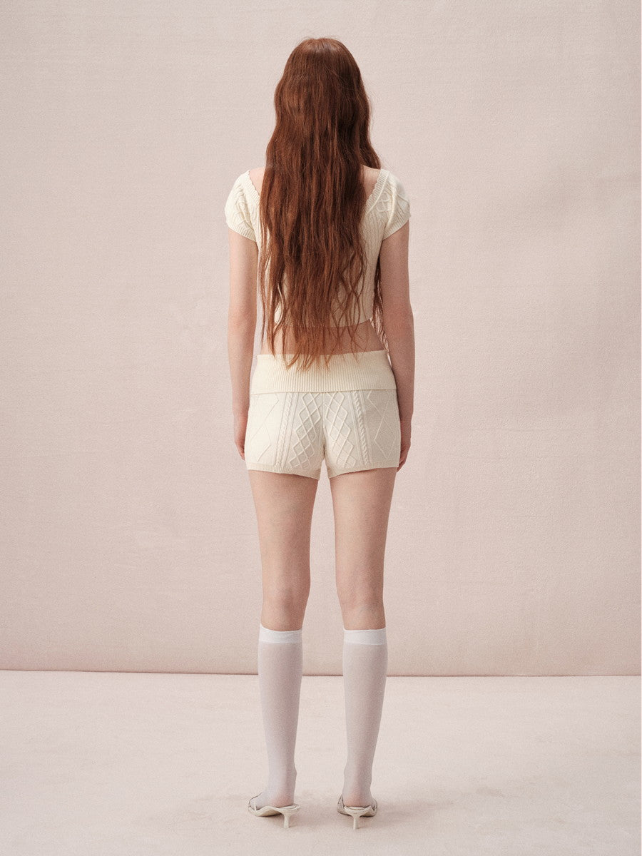 Cable-Knit Off-Shoulder Casual Relax Set-Up Tops&Short-Pants