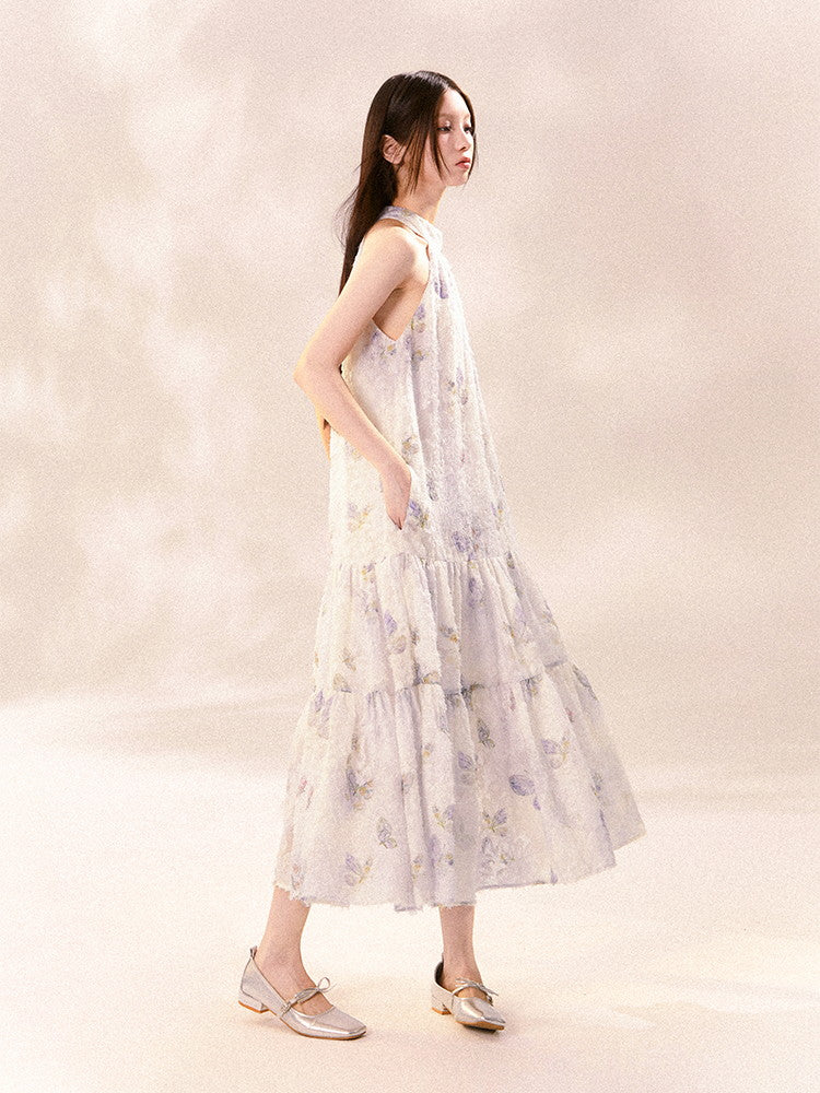 American-Sleeve Pale-Tone Flower Tiered No-Sleeve Long Dress