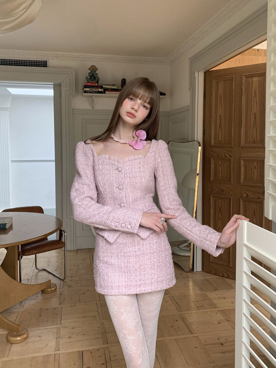 Tweed Feminine Setup-Anzug Slim Jacket & Minirocke