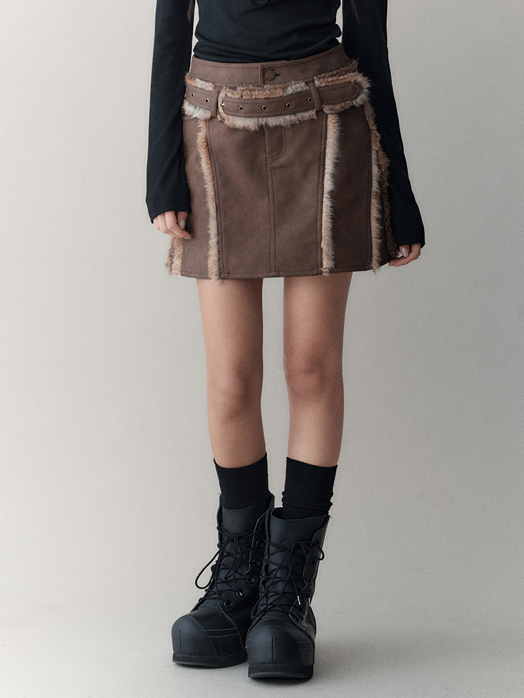 Leather&Fur Short Nichi Trapezoid Mini-Skirt