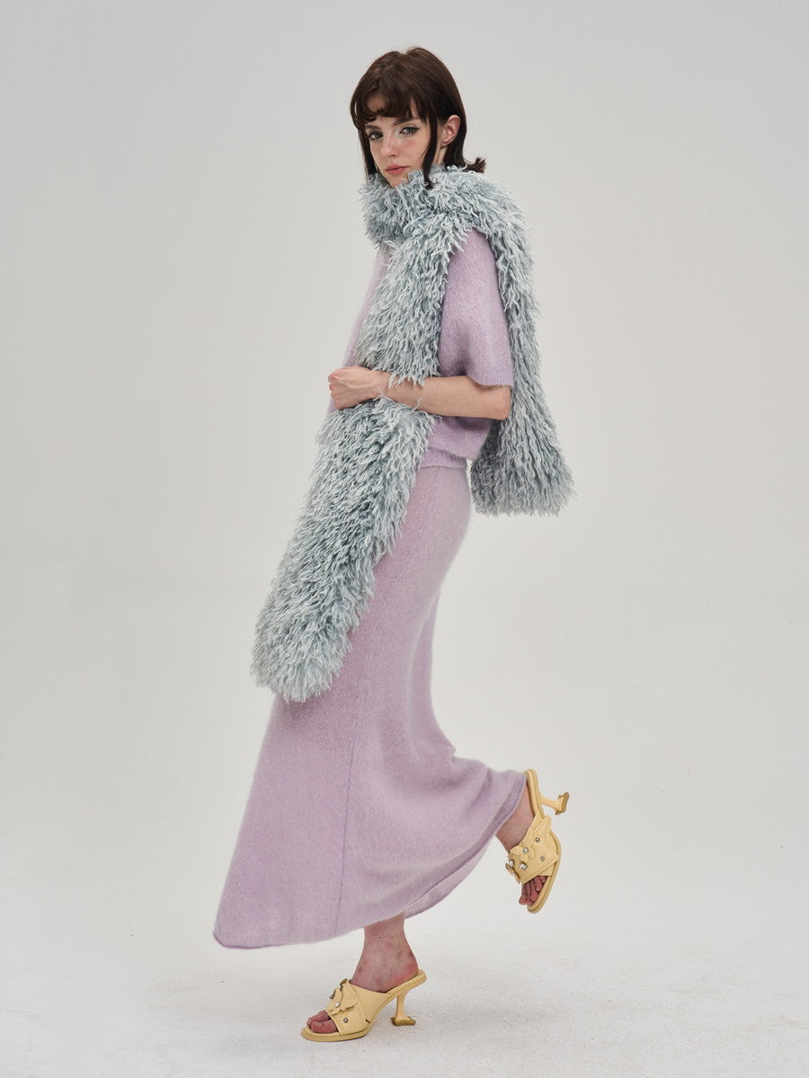Crew-Neck Ribbon Sweet Feminine Pale Tops&Long-Skirt
