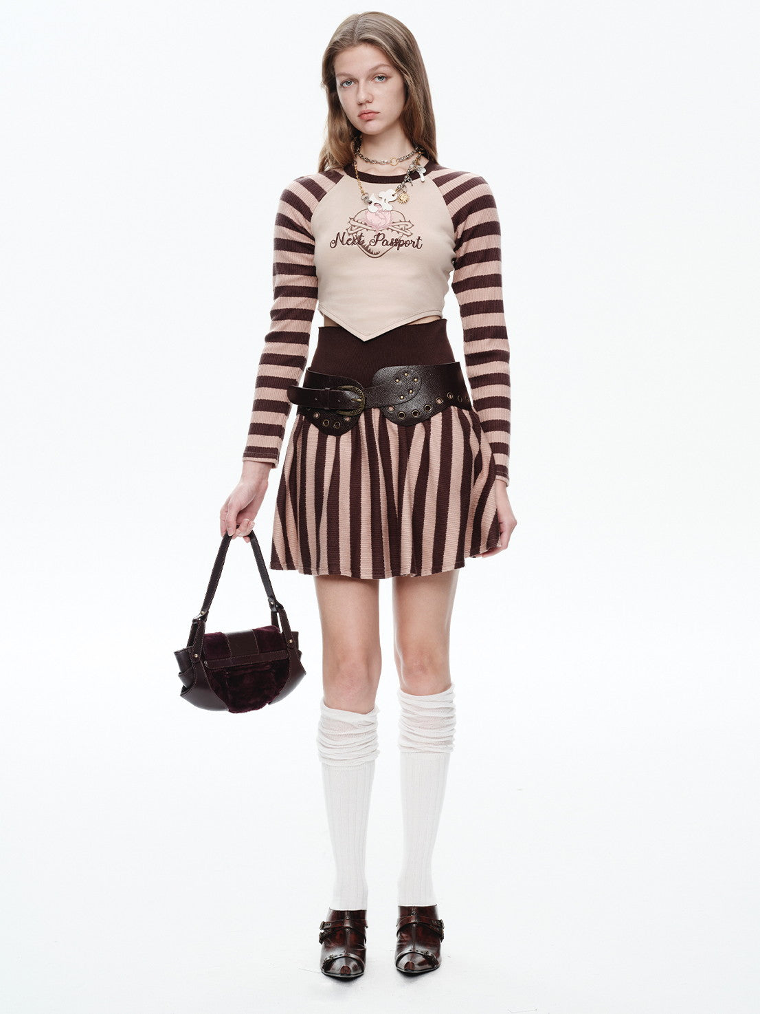 Knit Border Casual Set-Up Long-T-Shirt&Mini-Skirt