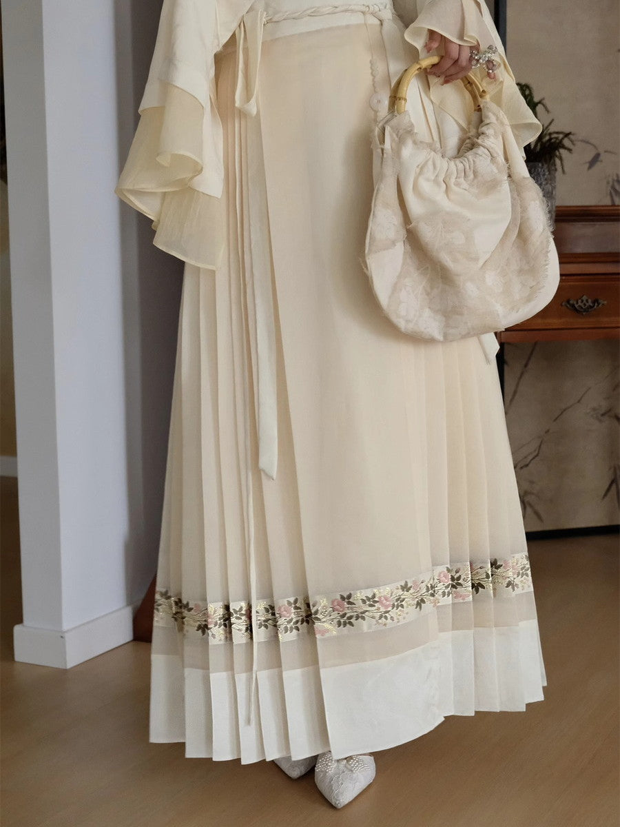 Embroidery Flowr Retro Sheer Box-Pleats Long-Skirt