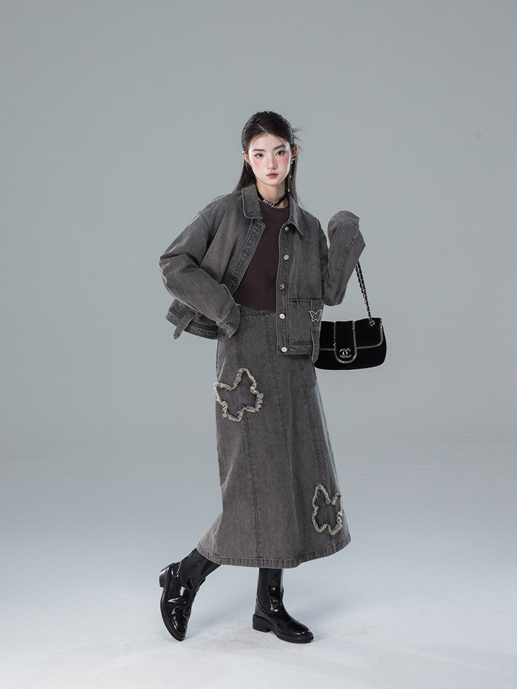 Shirt&Long-Skirt Demin Butterfly Tassel Vintage Set-Up