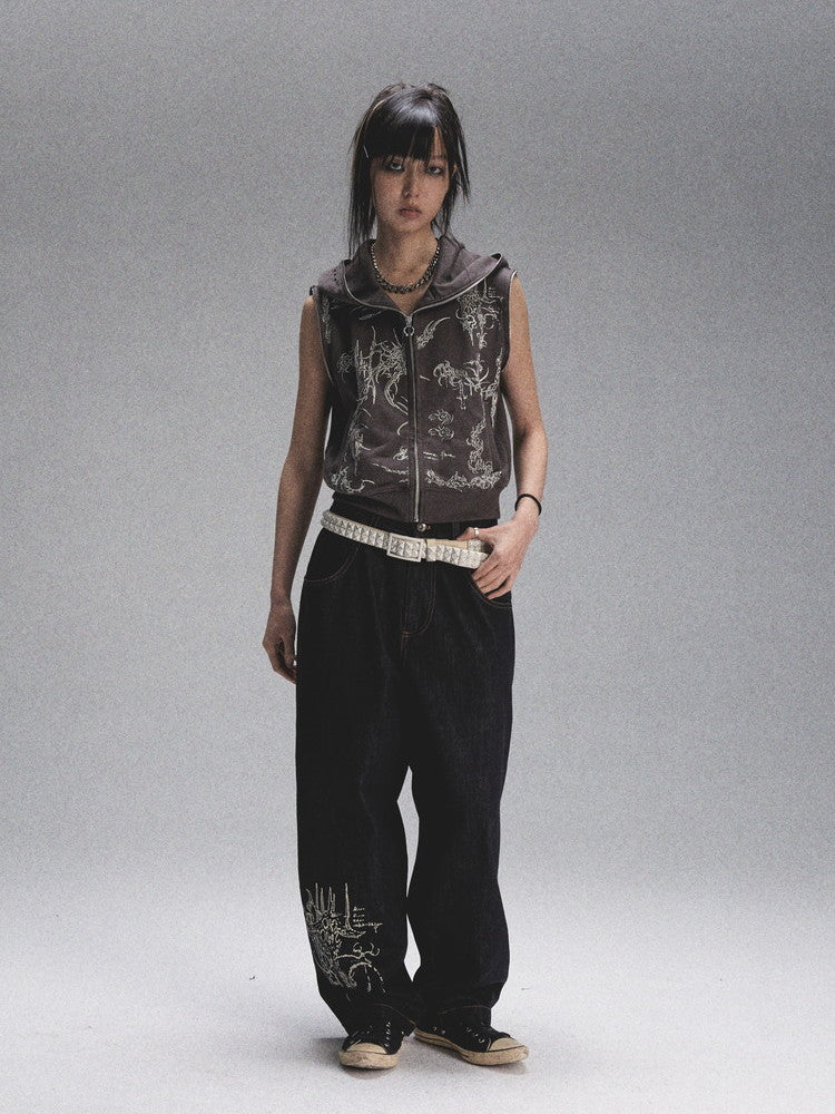 Print Denim Loose Casual Wide-Leg Pants